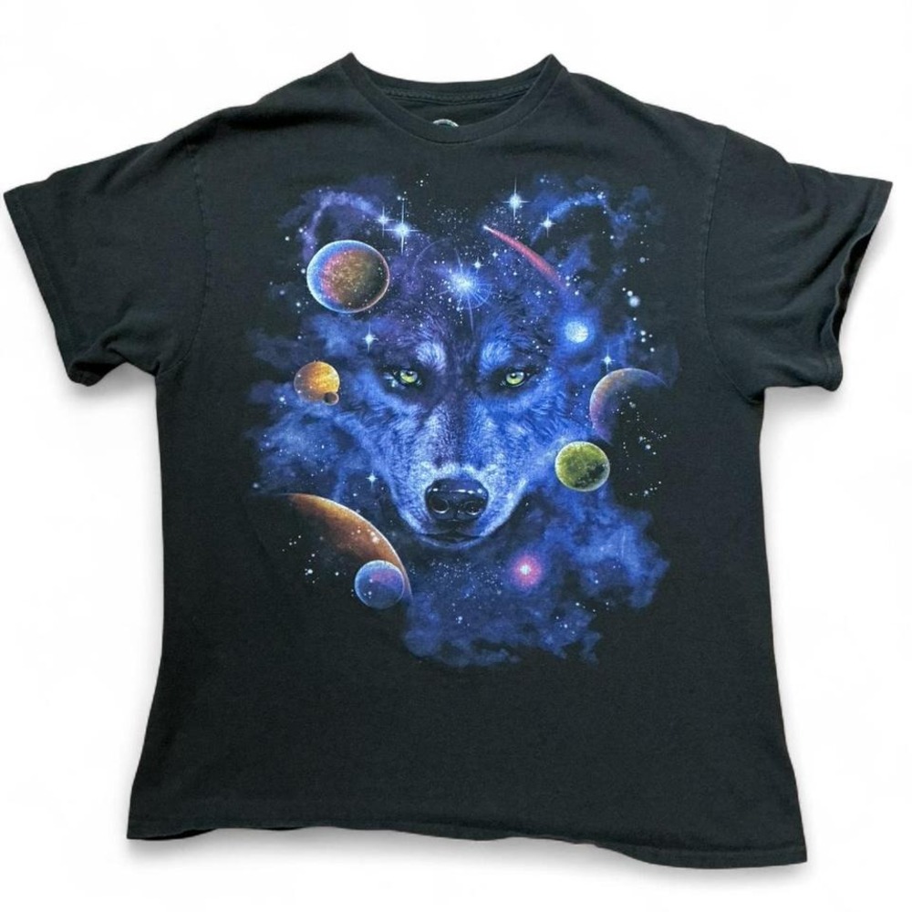 Black Graphic T Shirt Wolf Galaxy Space Planets Cosmic Print Tee